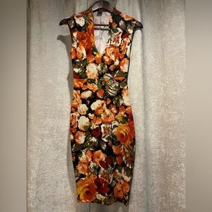 Privy Orange Floral Stretchy Bodycon Midi Dress S